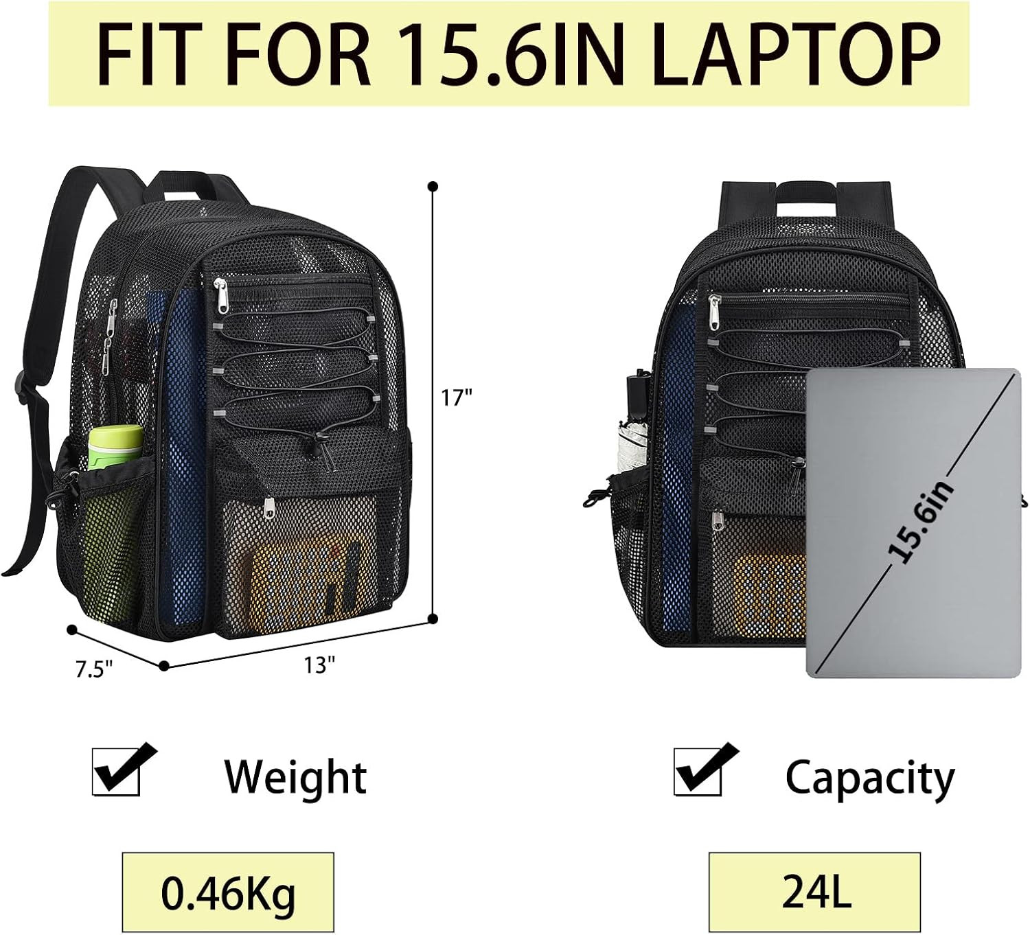 Mesh Backpack Heavy Duty for School, 24L Large Mesh Bookbag for Adults, Black Sc