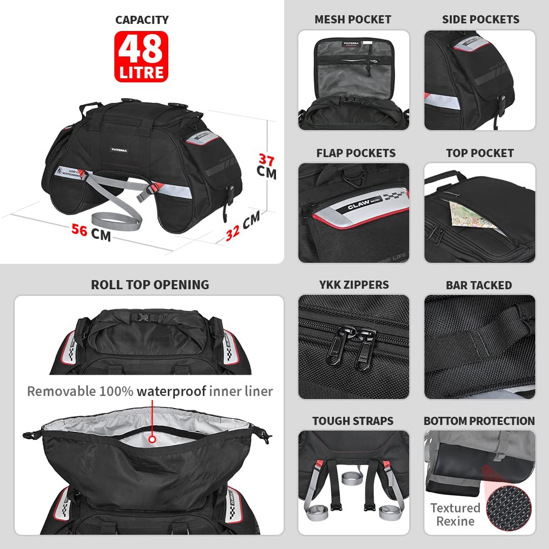 ViaTerra 100% WaterProof ClawMini Motorcycle Rear|Tail|Seat Bag (Black)48L IU…