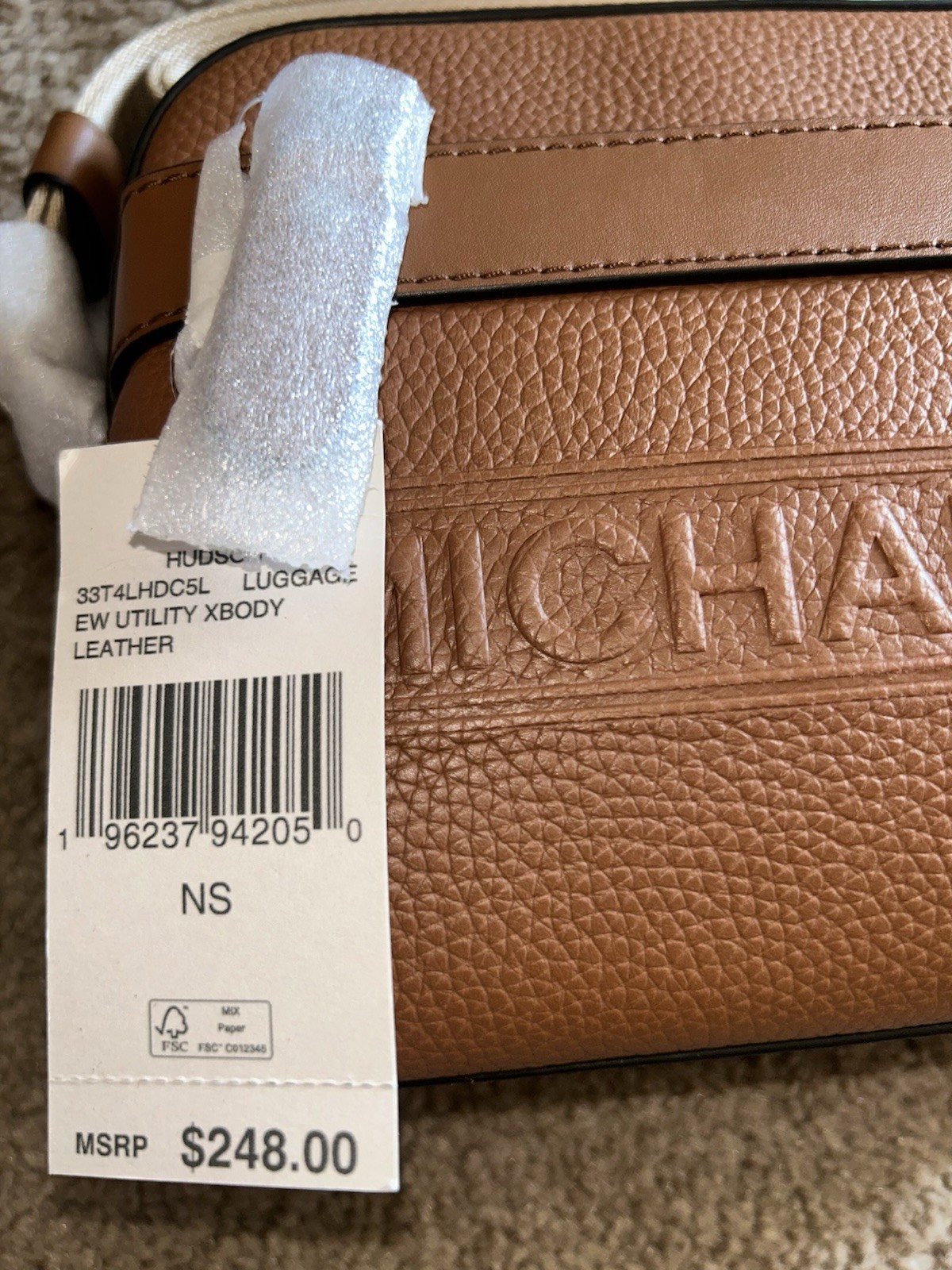 Michael Kors Hudson Crossbody Bag Brown Pebble Leather Embossed Logo
