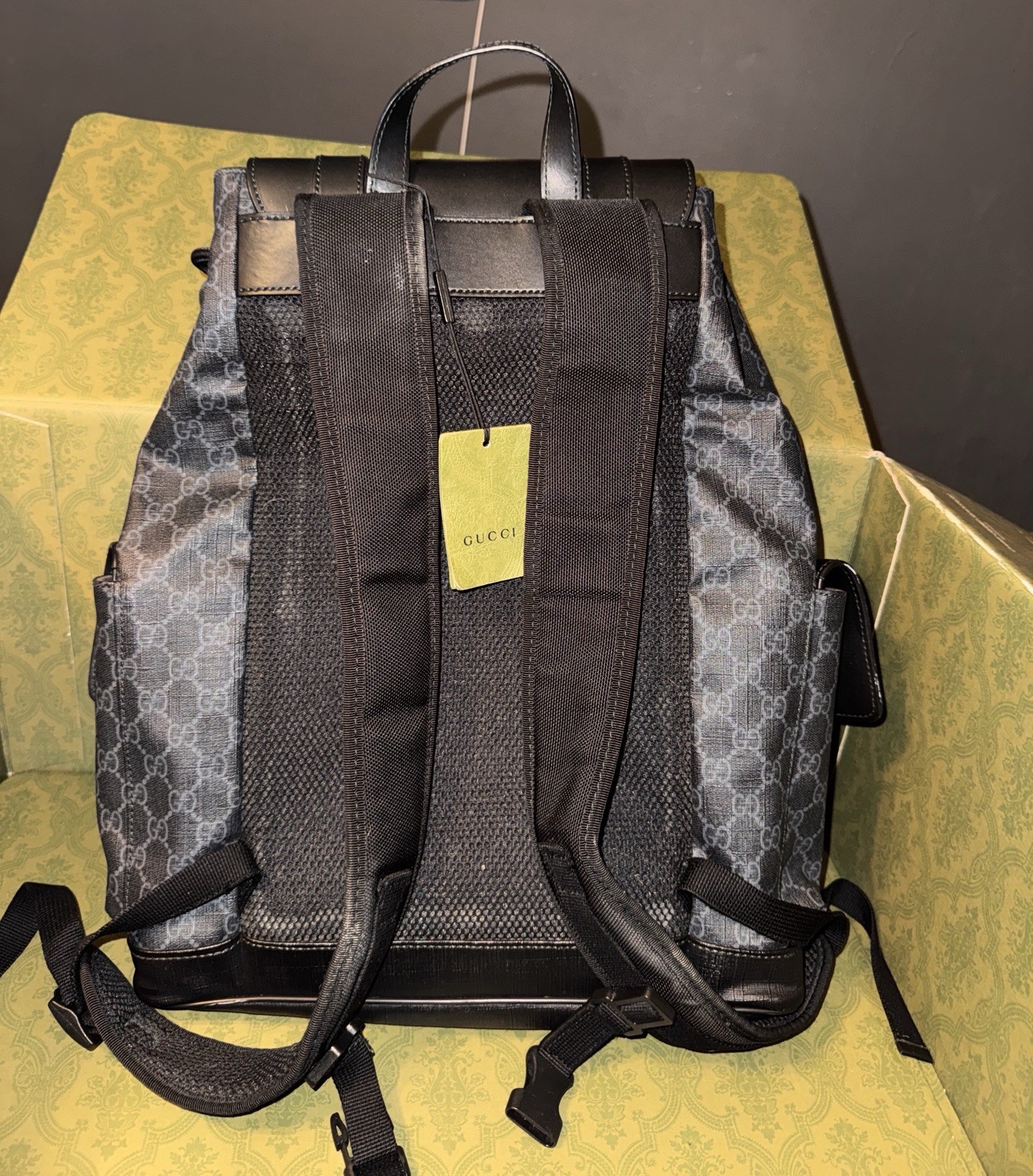 Gucci GG Pattern Backpack Drawstring Buckle Adjustable Strap Men Black Gray Red