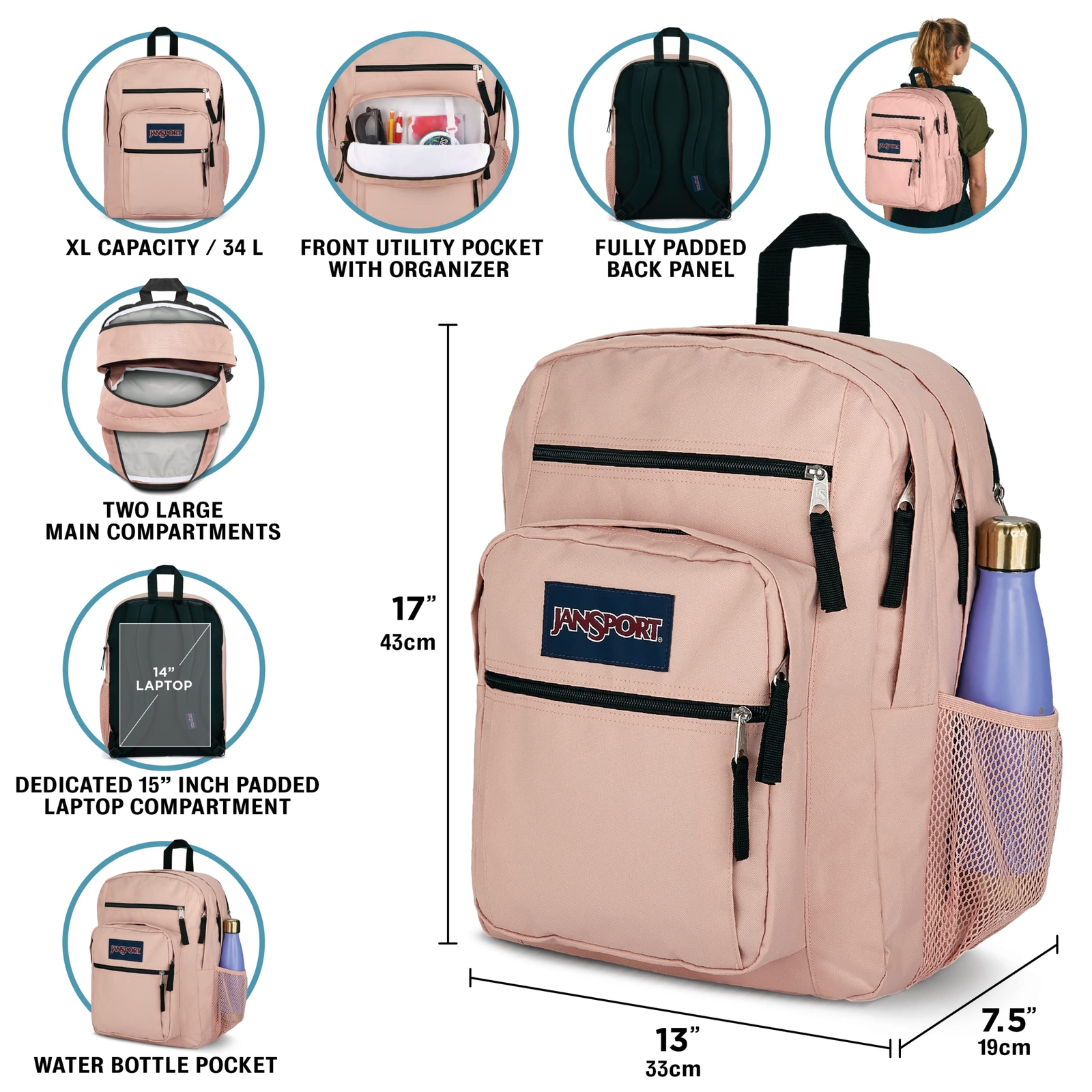 JanSport Big Student Laptop Backpack 34L Red Go Big or Go Home 15 Inch Sleeve
