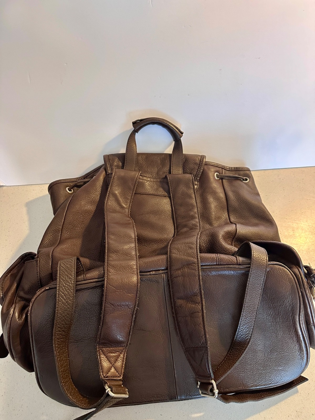 GENUINE LEATHER UNISEX BACKPACK CHOCOLATE BROWN w Multiple Pockets & Drawstring