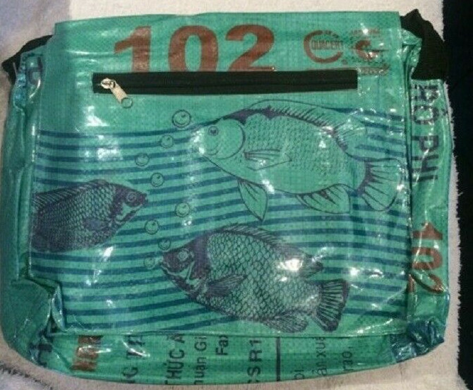 Fair Trade Recycled Deluxe Messenger Bags made in Cambodia from Fish Feed Bags