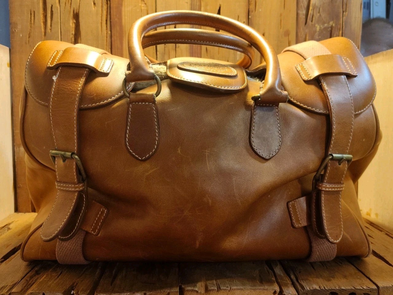 Vtg Express French Country Full Grain Leather Duffle Tack Bag Distressed Look