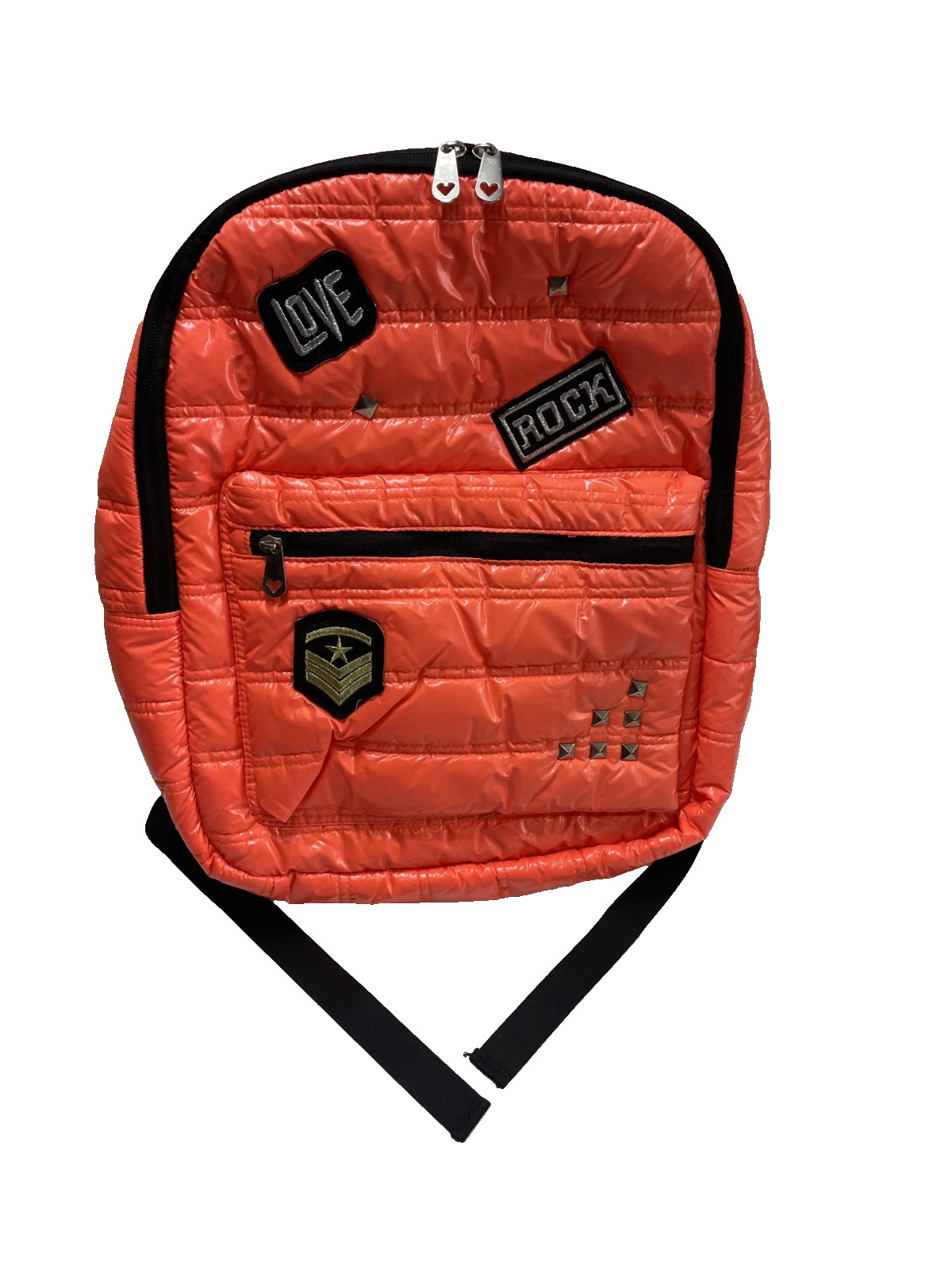 Triple Gear Quilted Backpack Orange Lightweight Synthetic Fabric Love Rock Patch