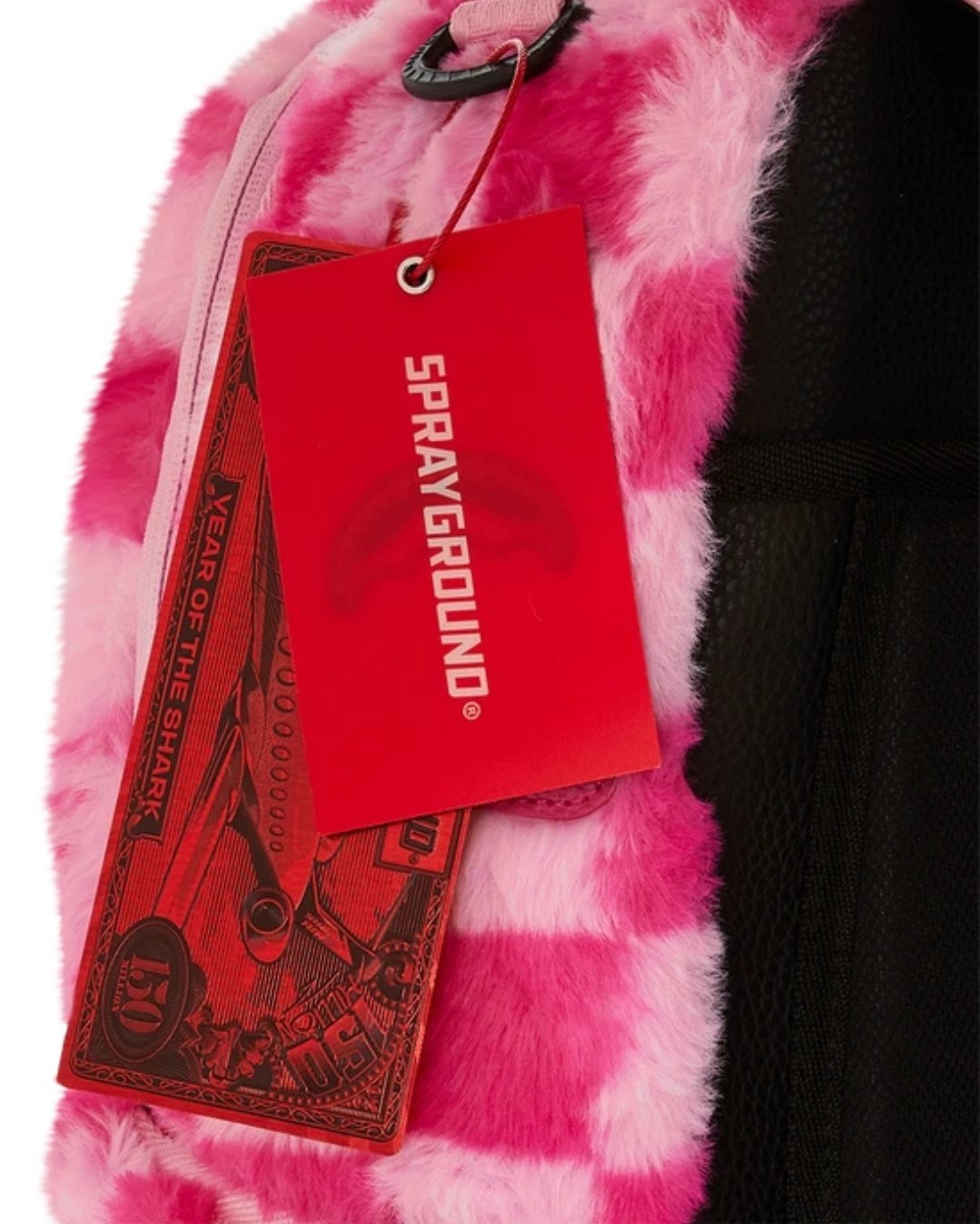 Sprayground Pink Furry Check Backpack🔥New Black Bookbag Large School Bag