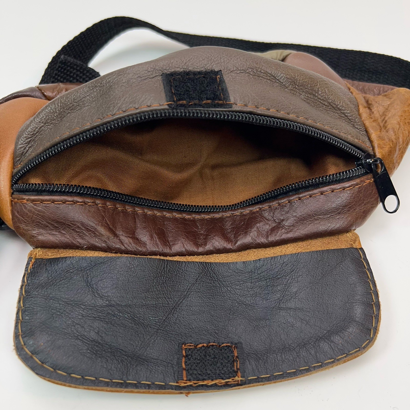 Vtg LEATHER Fanny Pack 90s Suede Patchwork Brown Waist Bag Straps Multi Pockets
