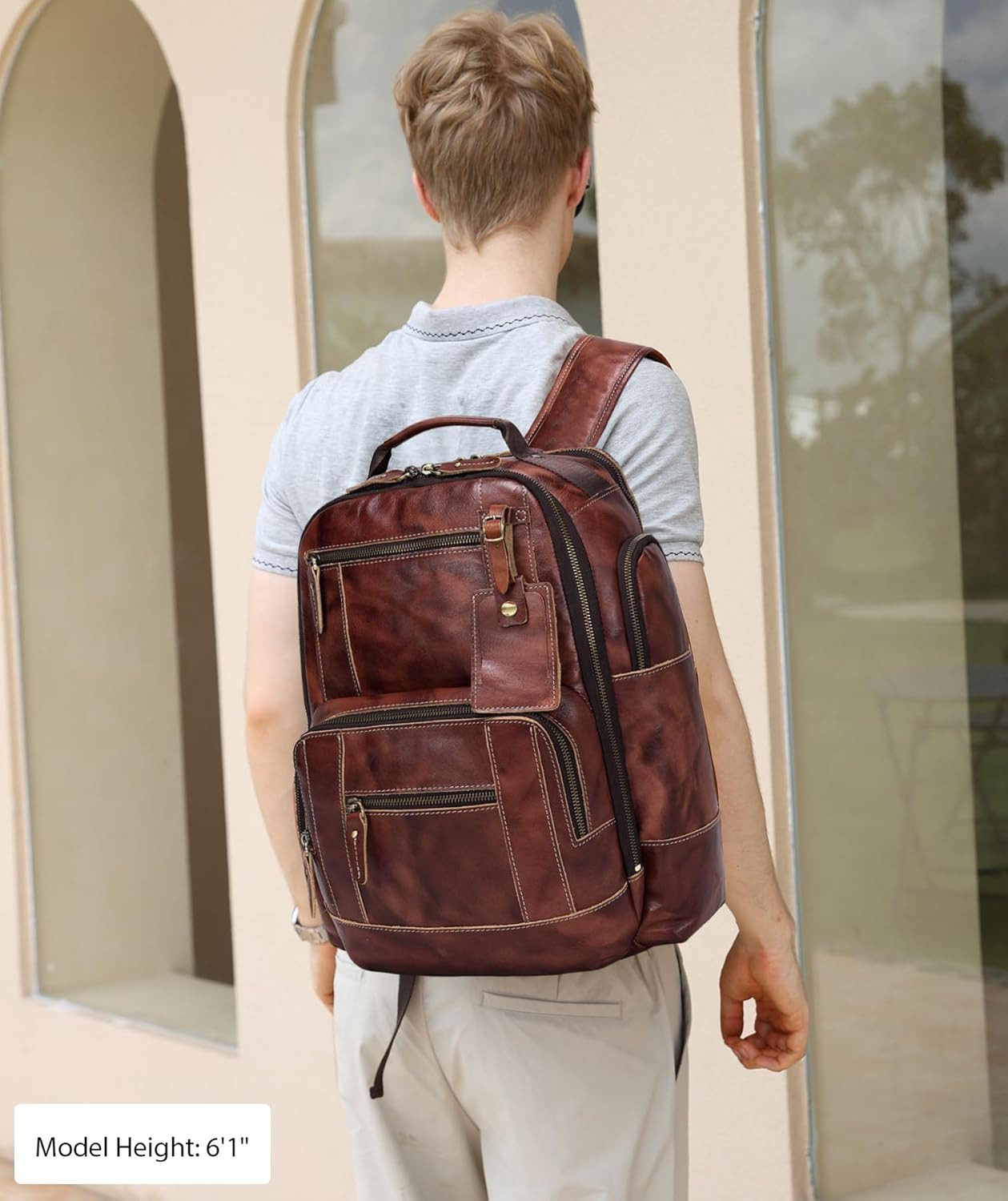 Coffee Full Grain Leather Backpack for Men – Fits 16″ Laptop