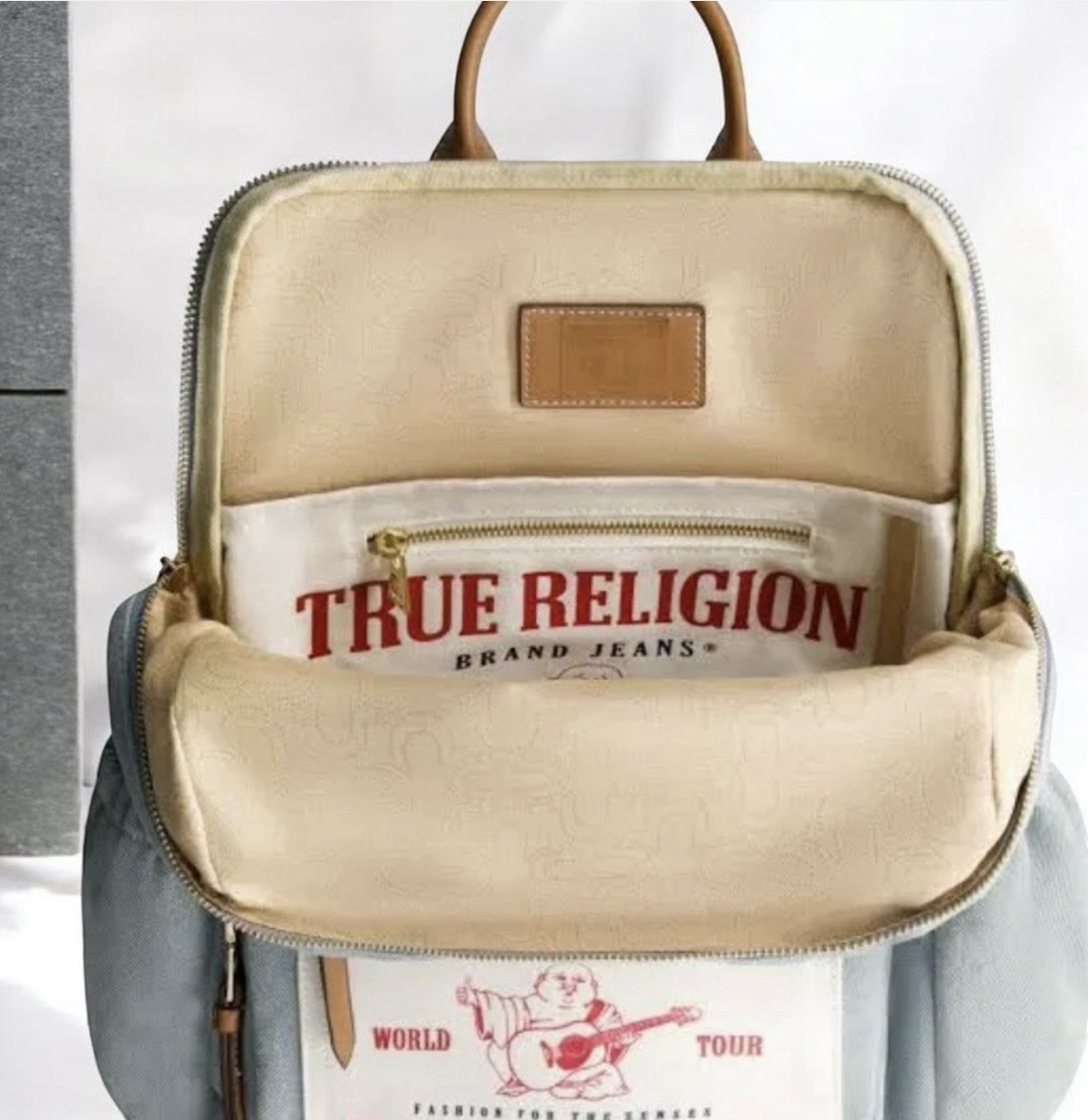 Backpack, Buddha Patch Bag with Horseshoe Logo and Zip Pocket Travel Bag, Denim