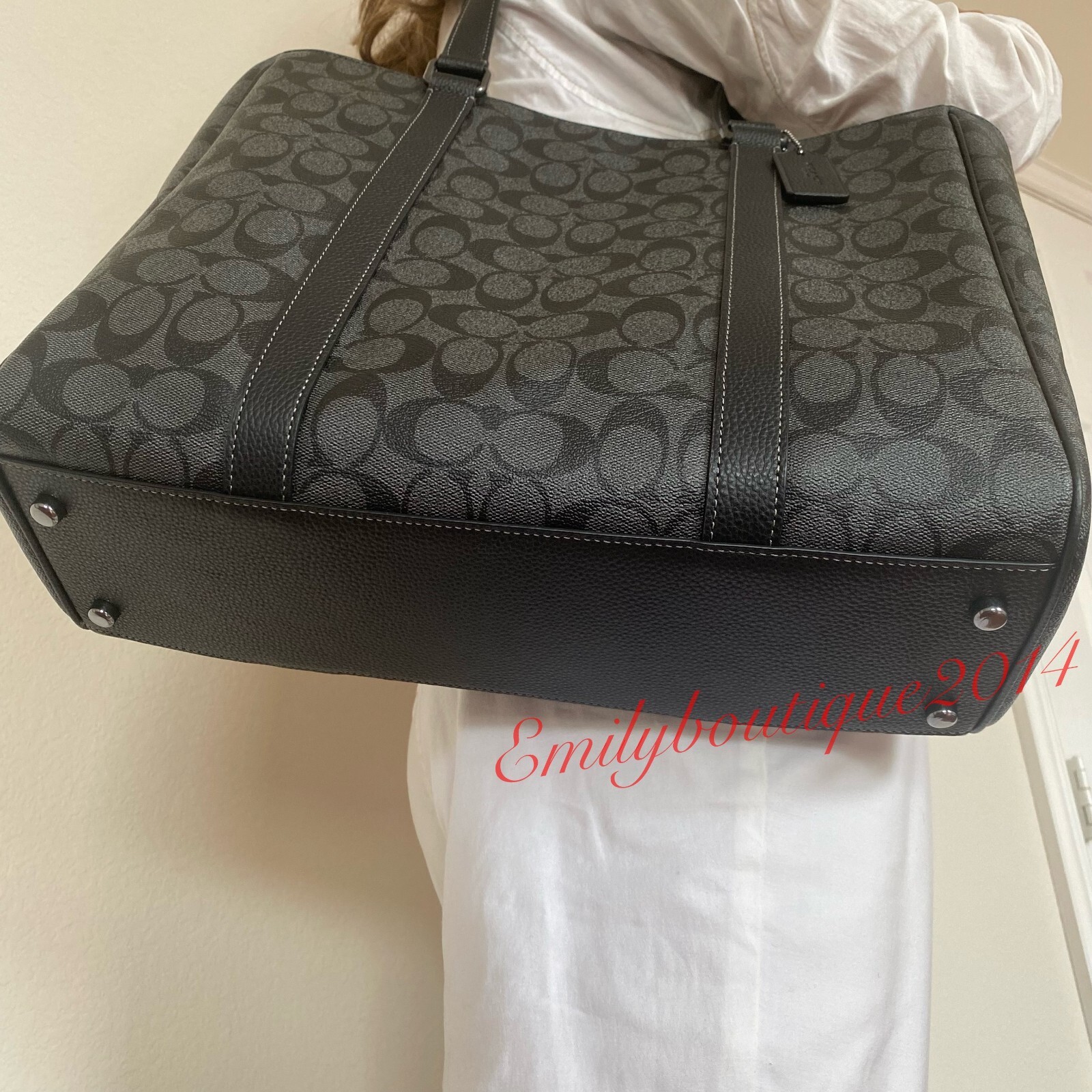 Coach CB849 Hudson Double Handle Tote Signature Canvas & Leather Charcoal Black