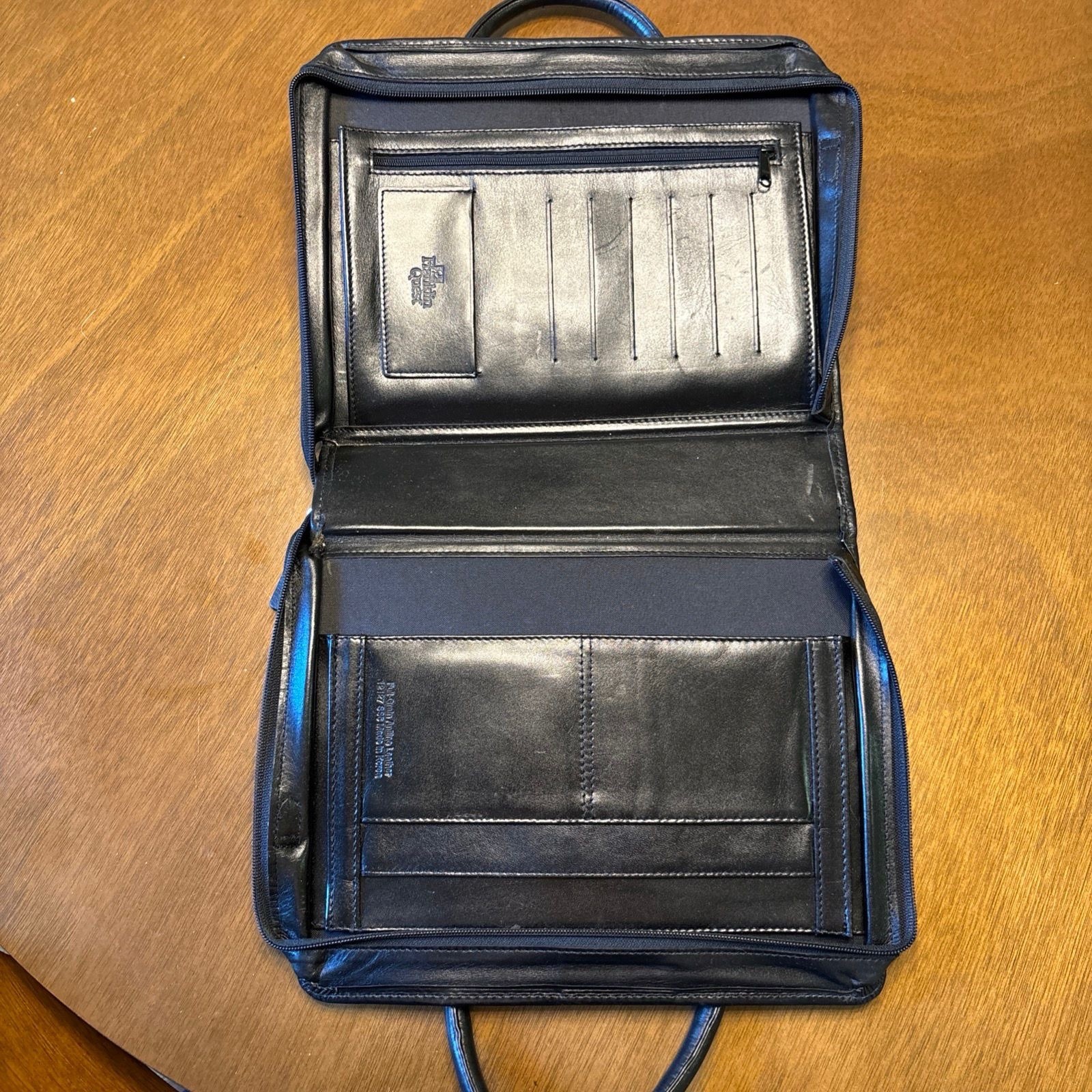 Bosca Black Briefcase Brass Hardware Push Lock Zip Top Handle Outer Pockets