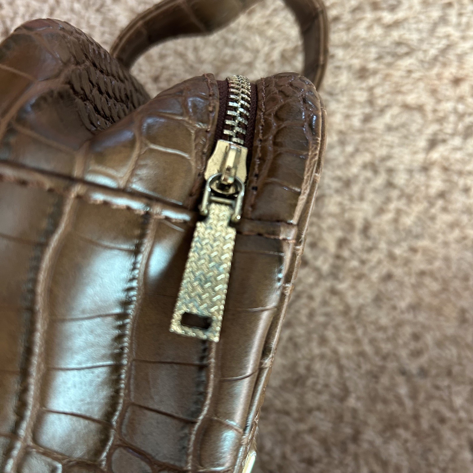 Vince Camuto Brown Crocodile Embossed Zip Around Toiletry Bag w Handle