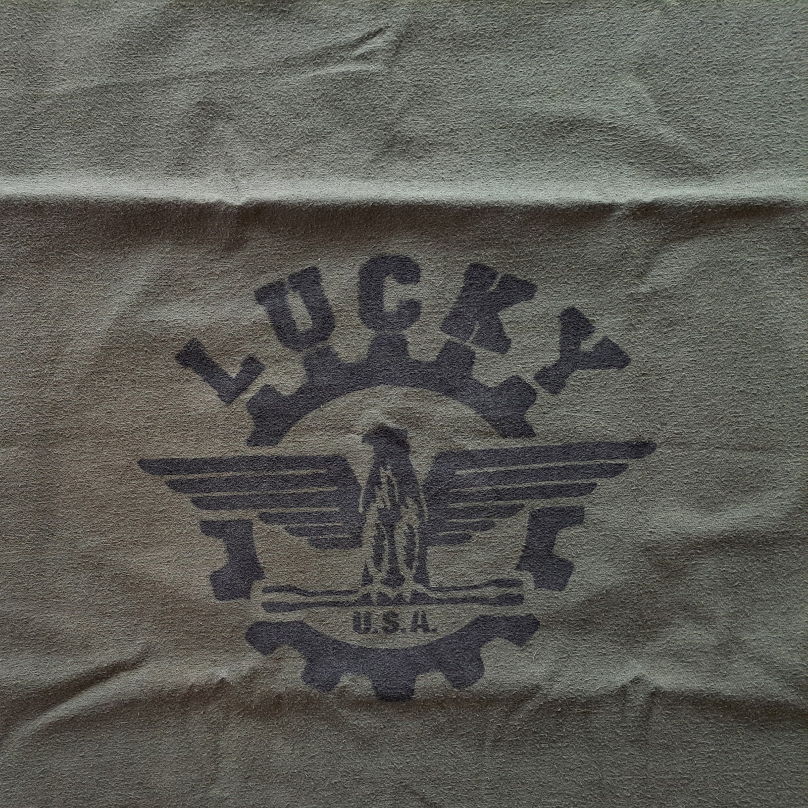 Lucky Laundry Bag Army Style Cinch Bag OD Olive Green Black 21″ x 27″ EUC BIN19