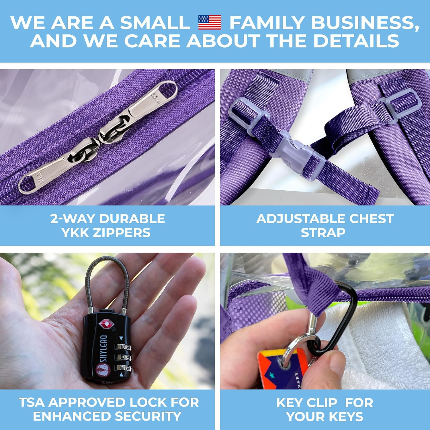 Clear Backpack Heavy Duty XL – H18”Xw14”Xd8. Has TSA Lock – Purple | PVC Trans