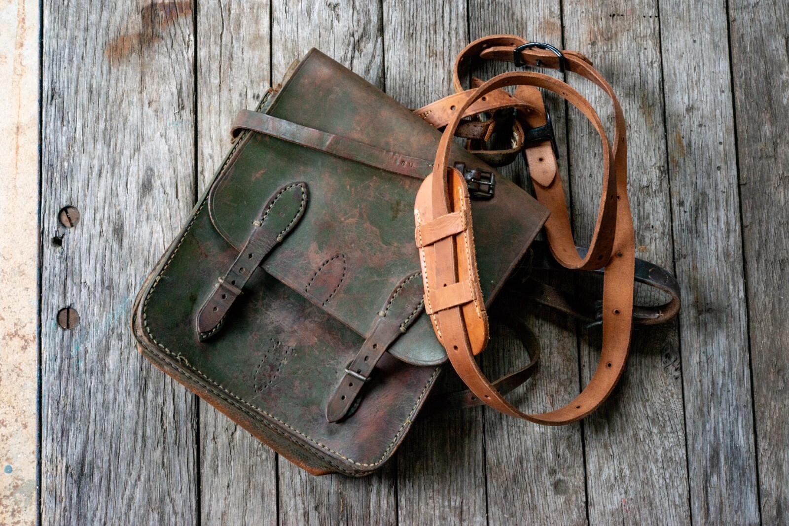 Antique US Military Leather Mail/Map Satchel Messenger Bag Gusseted Green rrl