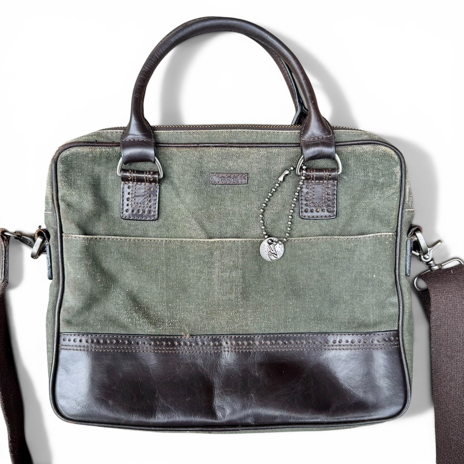 John Varvatos Distressed Olive Canvas Leather Messenger Laptop Bag Brown