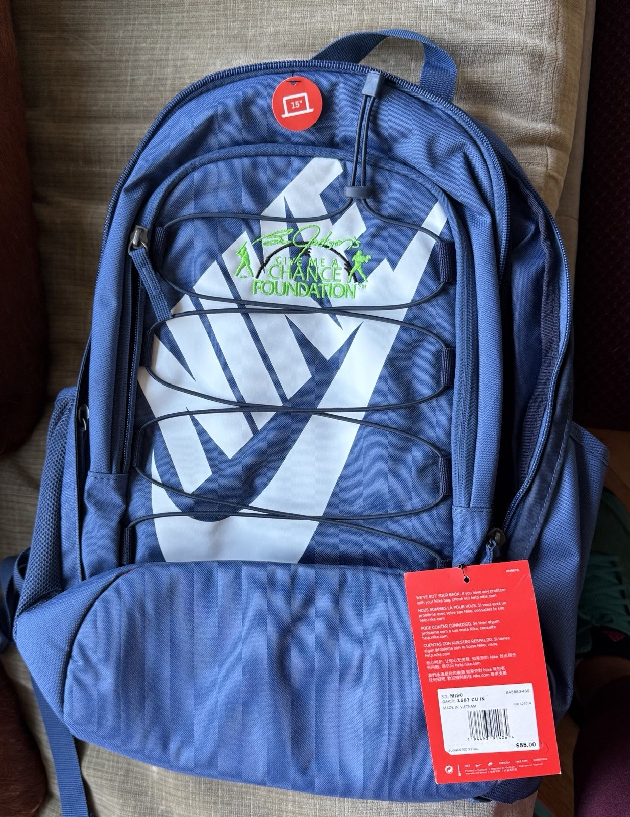 NWT $55 Nike Backpack Bag 15” blue Poly Bo Jackson Give Me A Chance Found. logo