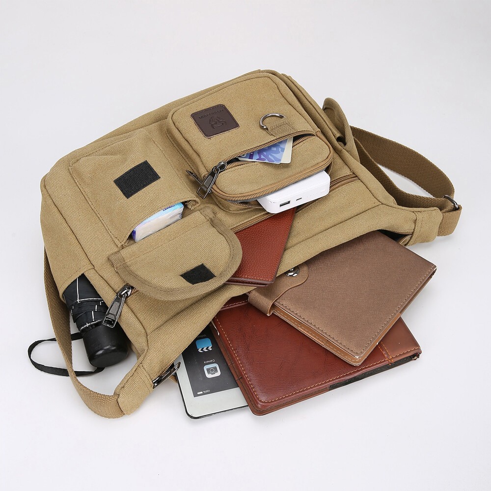 Men’s Canvas Crossbody Bag Multi-Pocket Casual Shoulder Bag for Work Travel