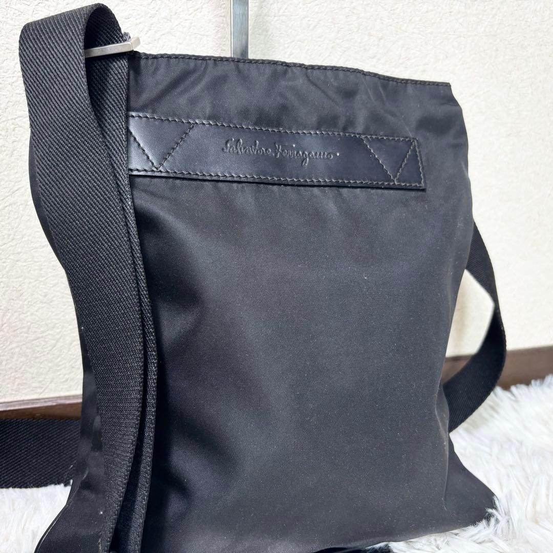 Salvatore Ferragamo Shoulder Crossbody Bag Purse Nylon Black USED Good Condition