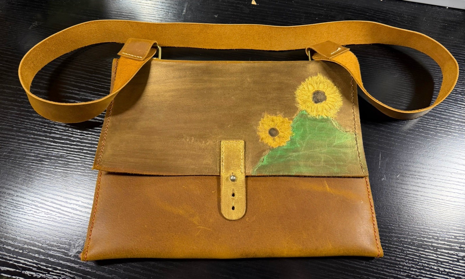 Handmade Leather Crossbody Messenger Bag Hand Painted Sunflower Rustic Boho