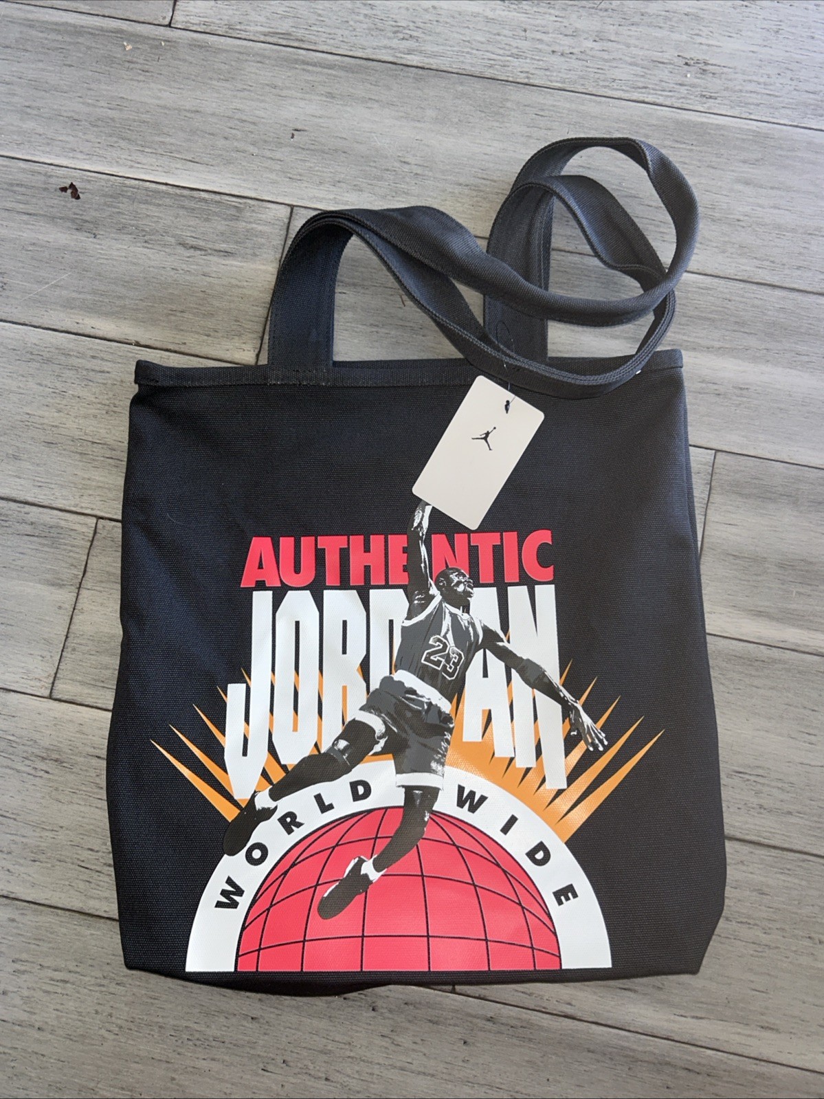 Jordan Worldwide Graphic Print Tote Bag Black Open Top Double Handles.