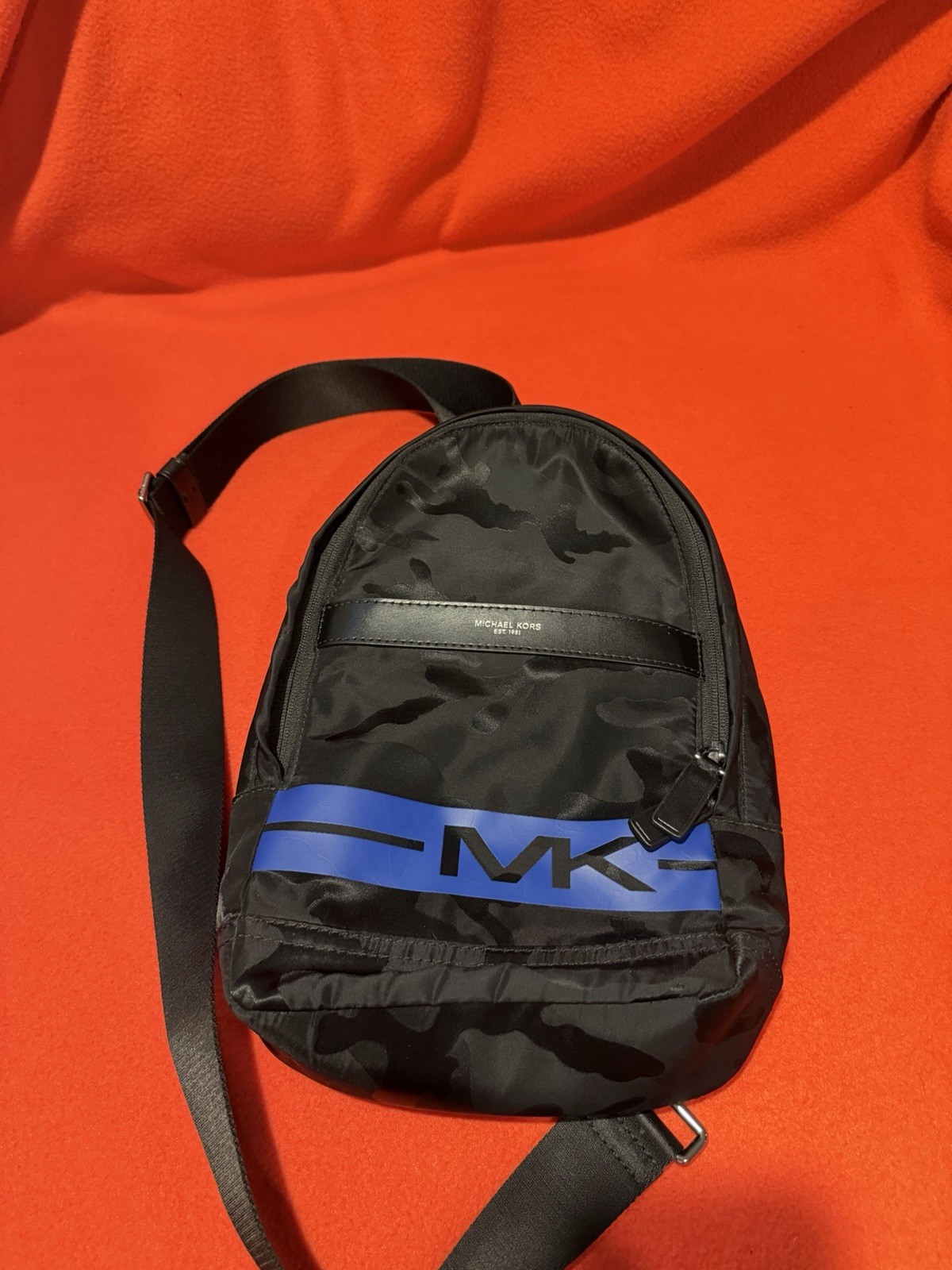 Michael Kors Men’s Black/Blue Camo Sling Crossbody Bag Zip, Adjustable Strap