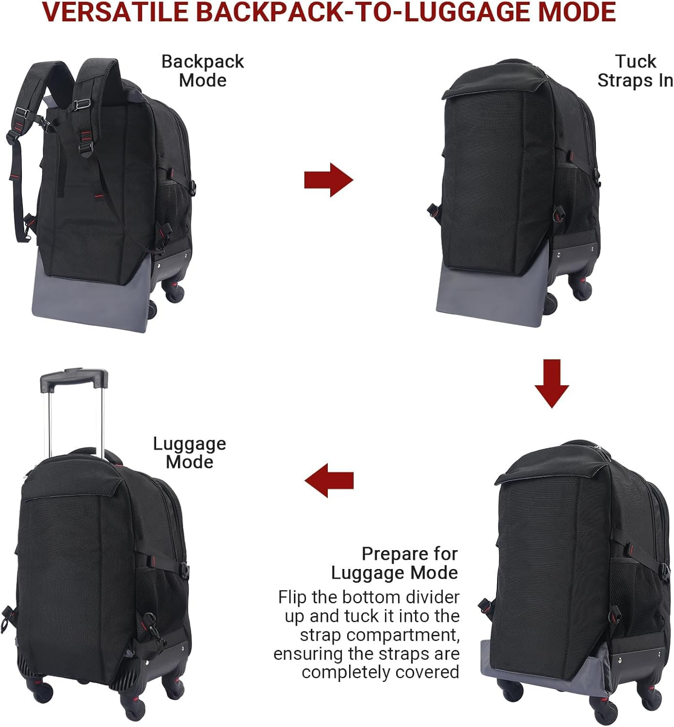 4-Wheel Rolling Backpack 45L (22X14X9 In): 17.3-Inch Roller Travel Laptop Backpa