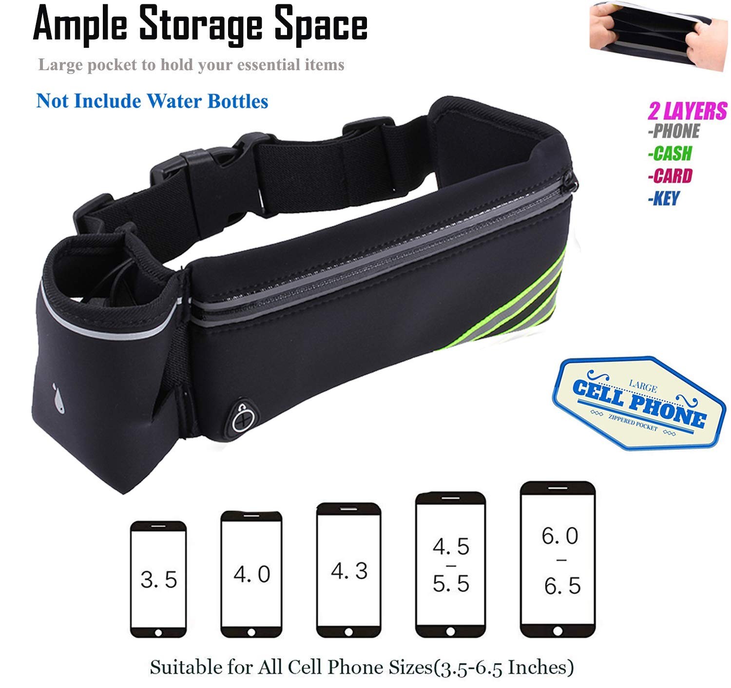 Running Belt w Water Bottle Holder Reflective Phone Waist Bag Fanny Pack