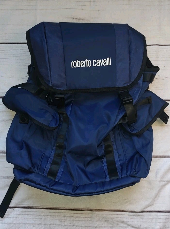 NWT Roberto Cavalli Logo Utility Backpack Navy Blue 18″W x 17″H x 5″D