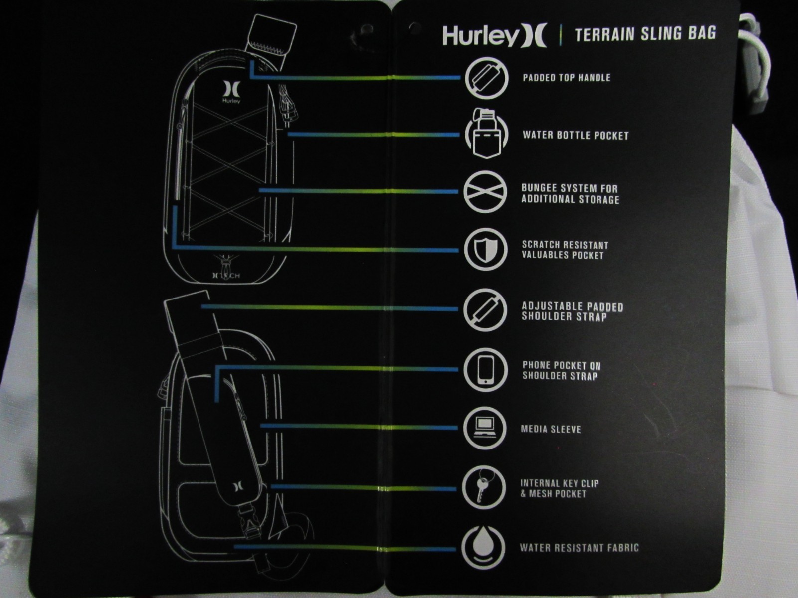 Hurley TECH Terrain Sling Bag Water Bottle Pocket Adjustable Shoulder Strap NEW.