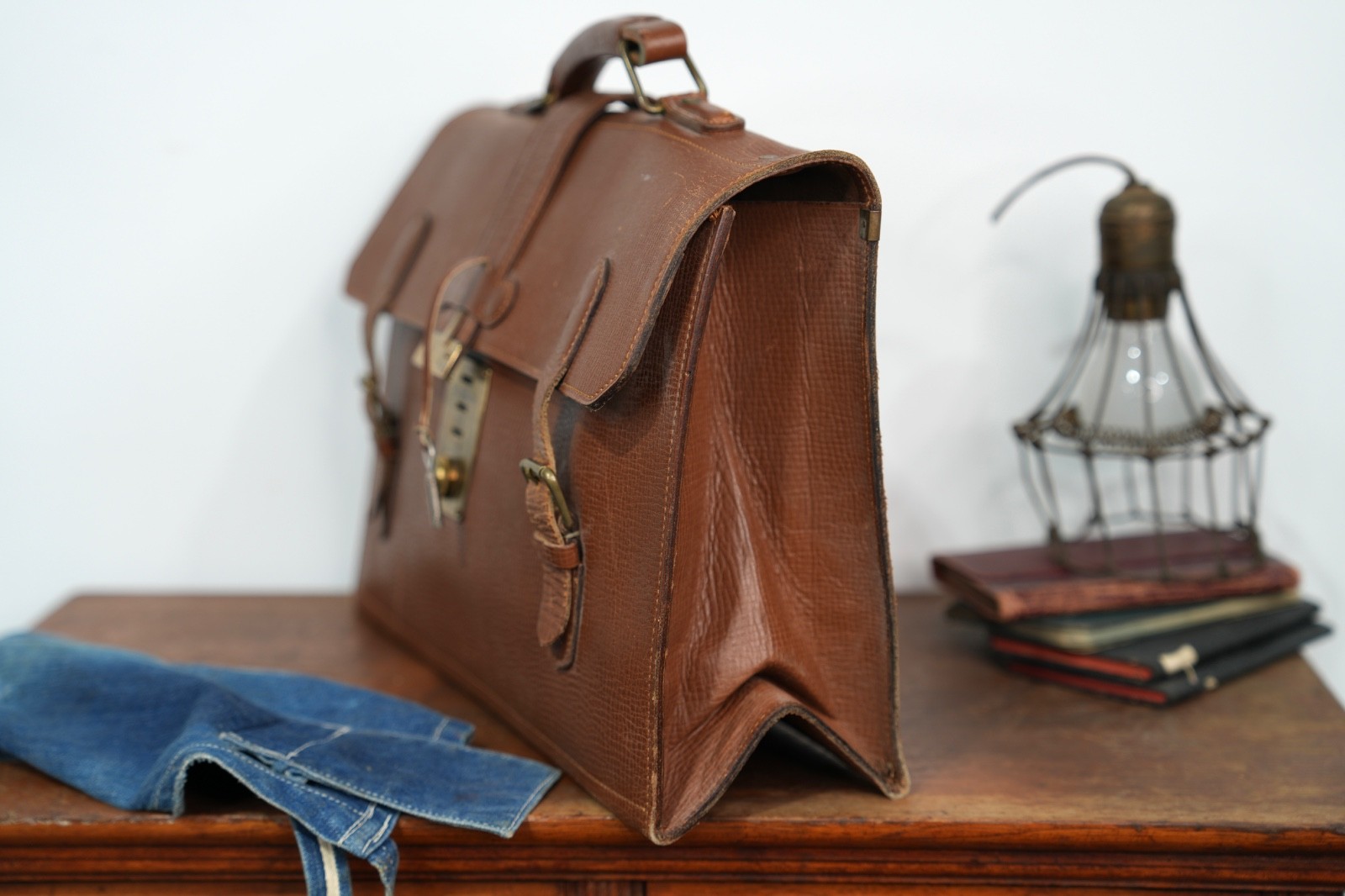 VTG Brown Leather Attache Briefcase Portfolio Document Bag w/ key 1940s Japan