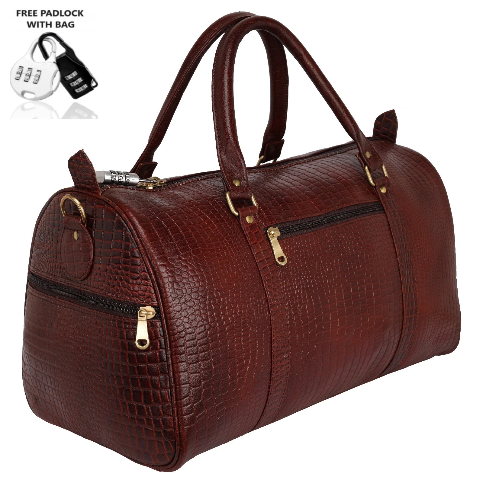 Full Grain Croco Leather Duffel Travel Bag for Holiday Weekend with Padlock