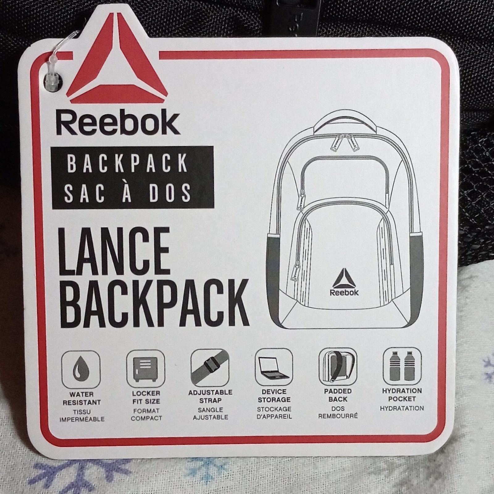 Reebok Black Backpack Water Resistant Zip Closure Adjustable Straps Padded Back