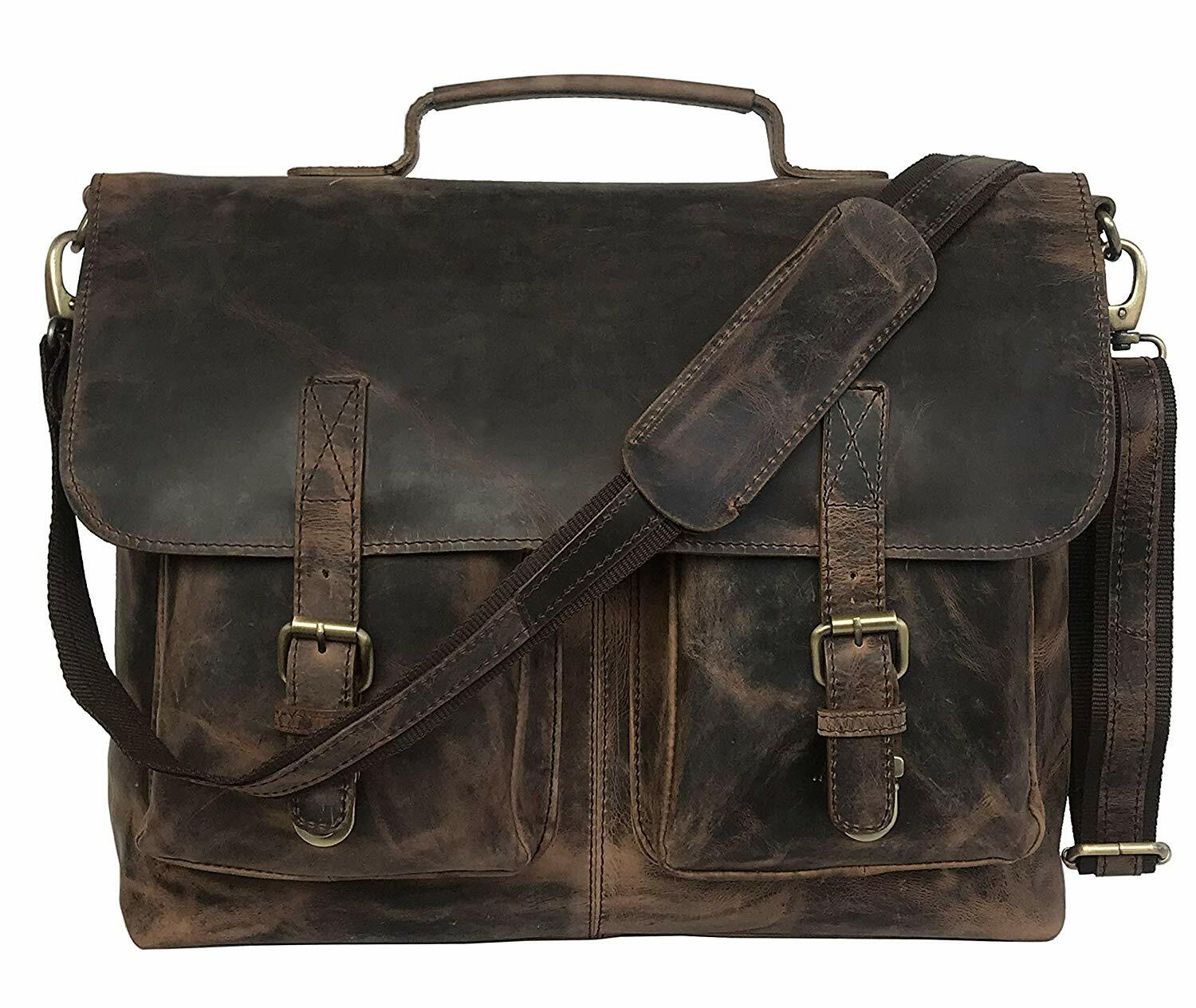18 In Buffalo Leather Office Briefcase Messenger Bag Laptop Satchel Shoulder Bag