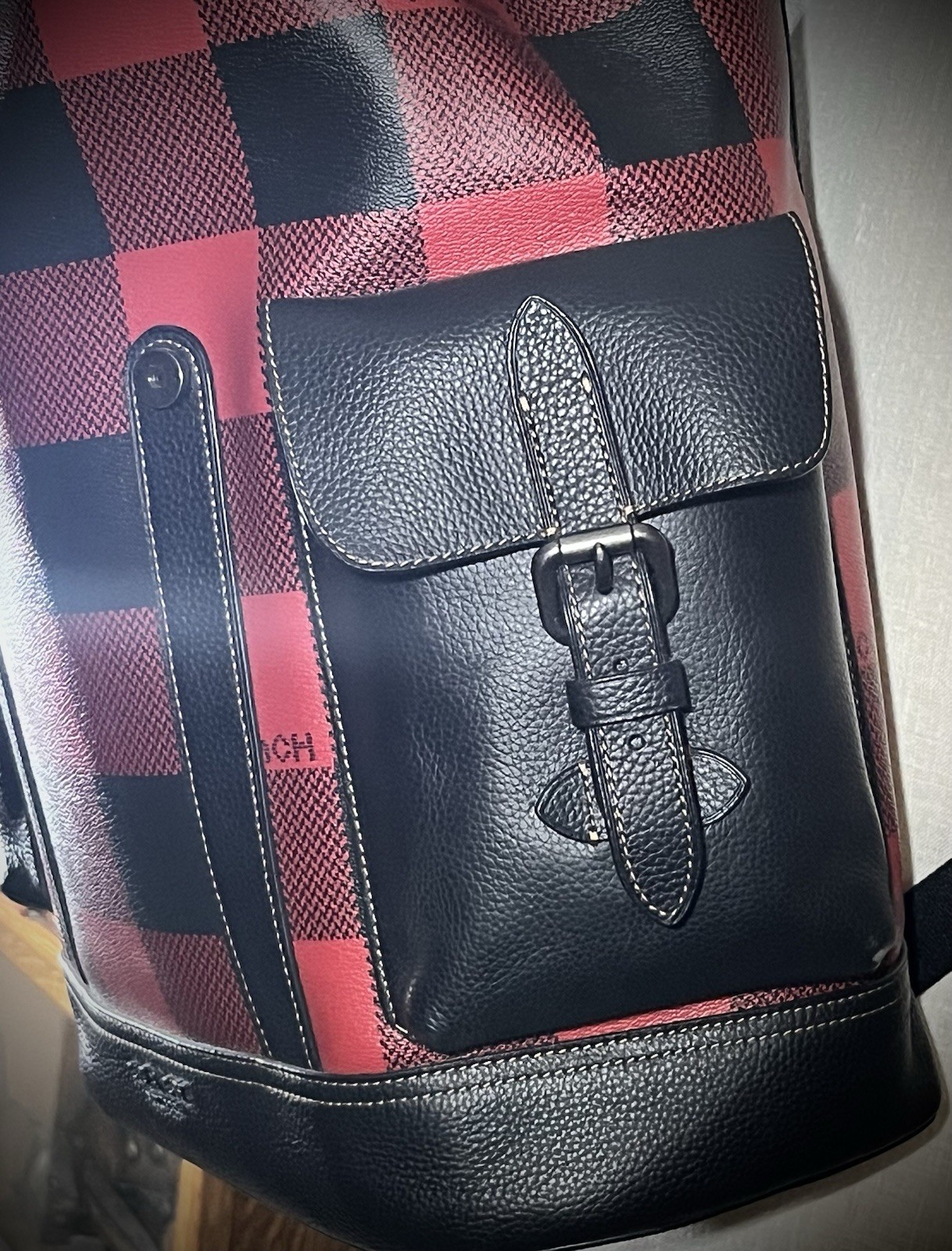 Coach C1240 Hudson Backpack Buffalo Plaid Red Black Leather Rucksack Laptop Bag