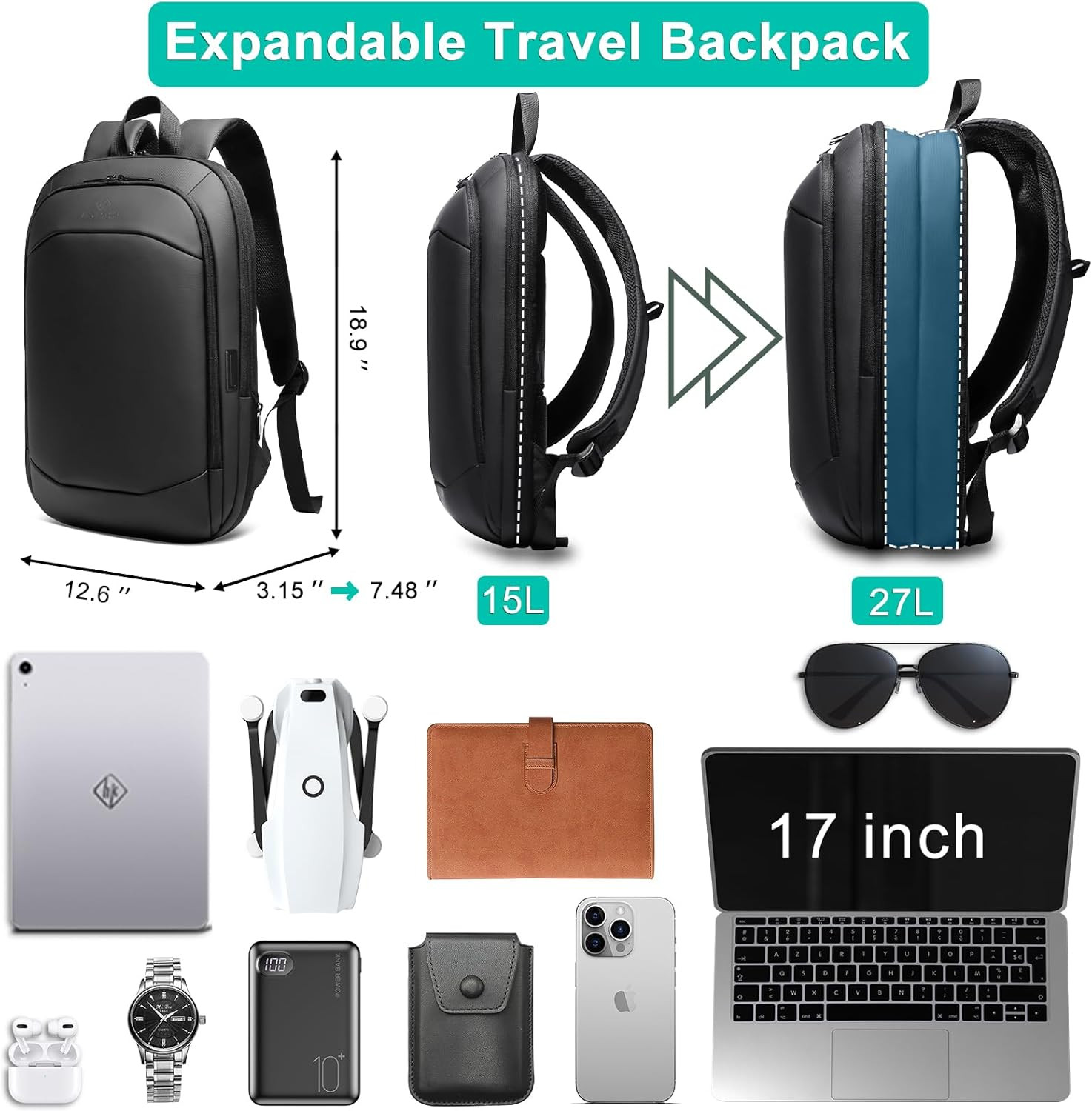 Expandable Laptop Backpack 15L 27L Waterproof Business Travel Bag USB