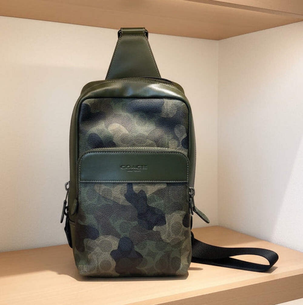 Coach Gotham Pack Sling CAF37 Camo Green Signature Leather Crossbody