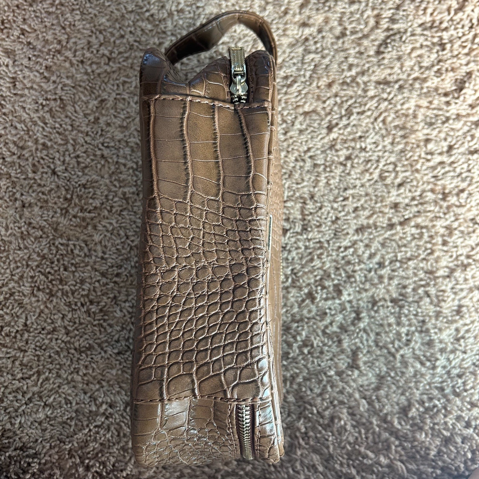 Vince Camuto Brown Crocodile Embossed Zip Around Toiletry Bag w Handle