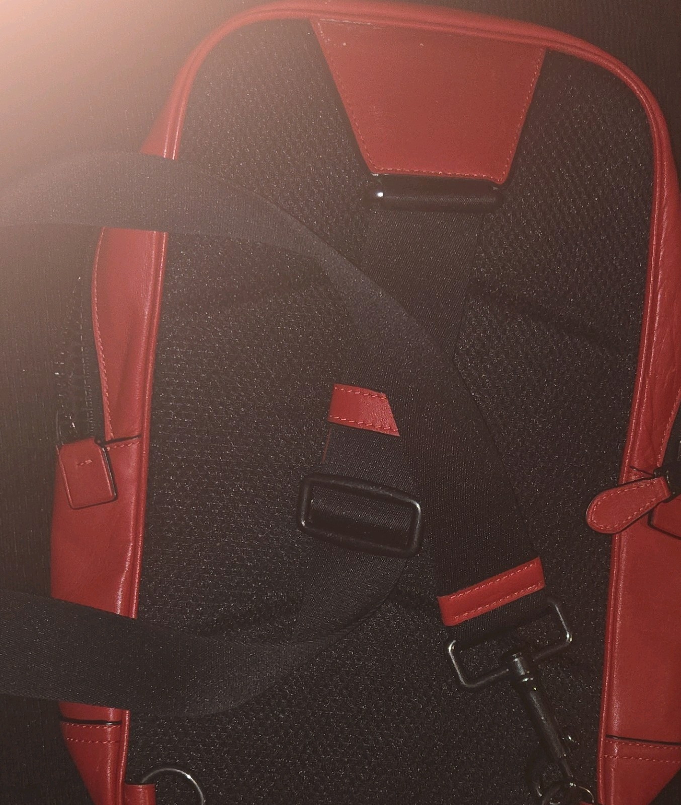 Coach Westway Backpack in colorblock signature canvas and red leather.