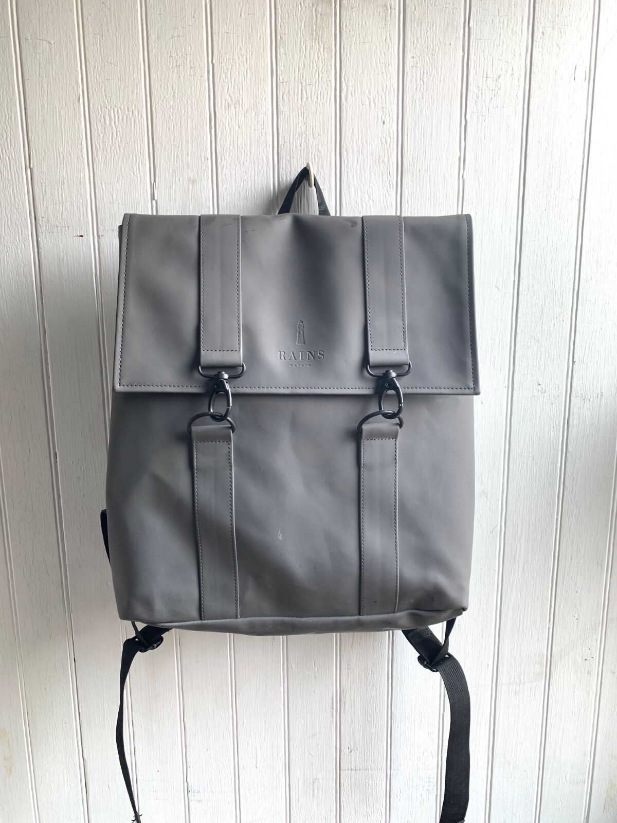 Rains MSN Gray Backpack Waterproof Minimalistic Carabiner Closure Laptop Pocket