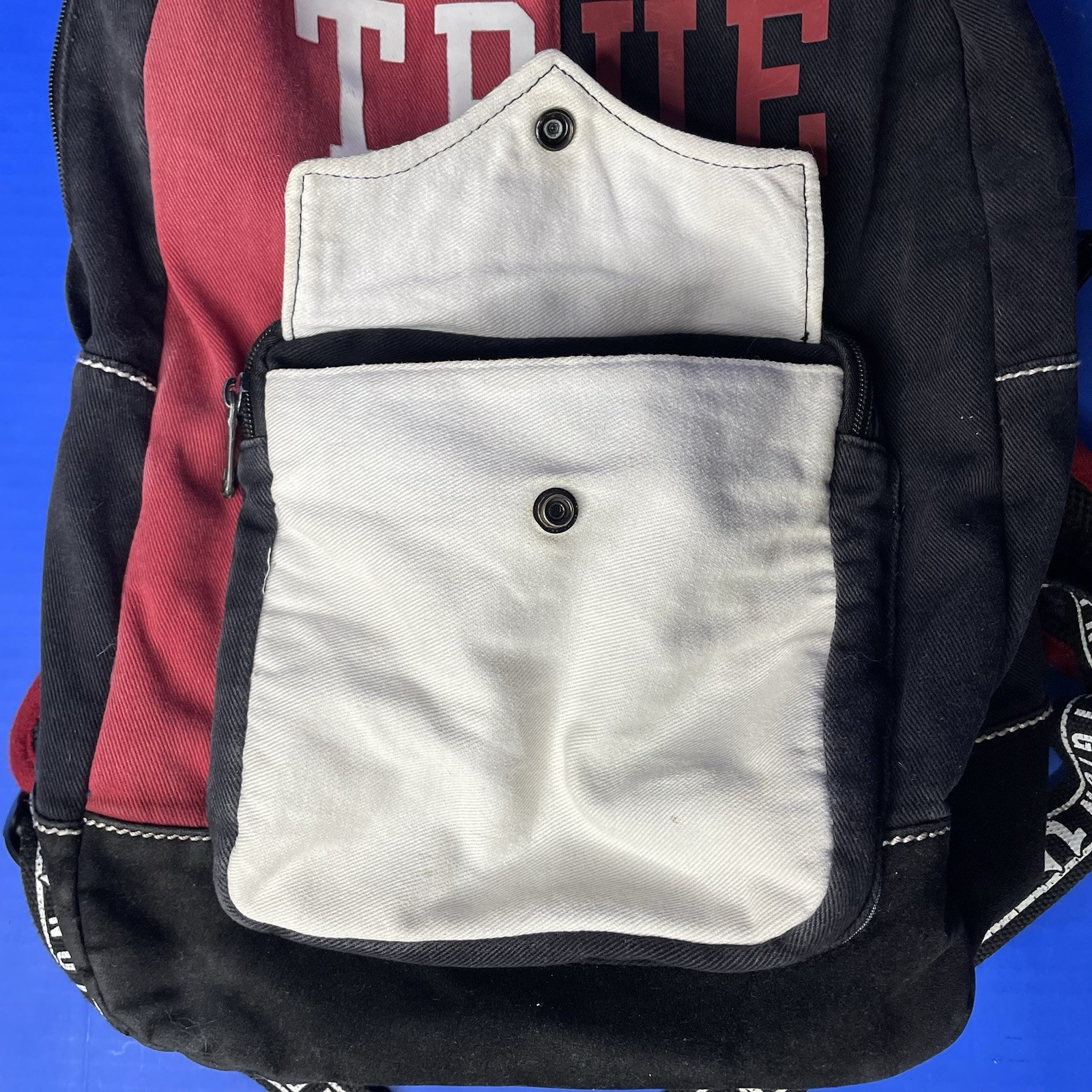 True Religion Black Red White Logo Backpack Book Bag Color Block