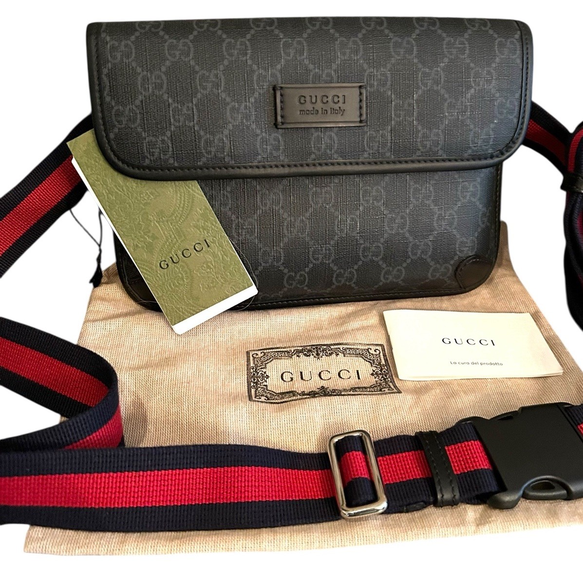 GUCCI GG Supreme Belt Bag Canvas Crossbody Strap Monogram Web Black/Gray New