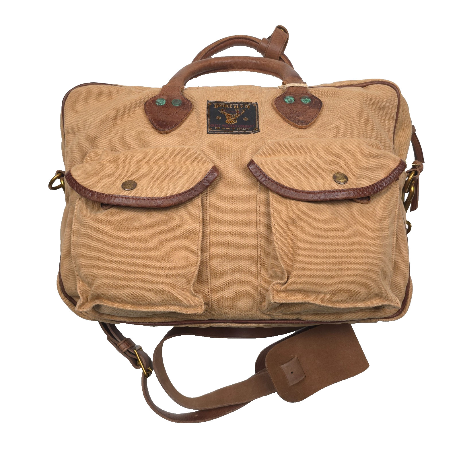 RRL Canvas Briefcase Mens Tan & Brown Leather-Trim Double RL NWT Authentic