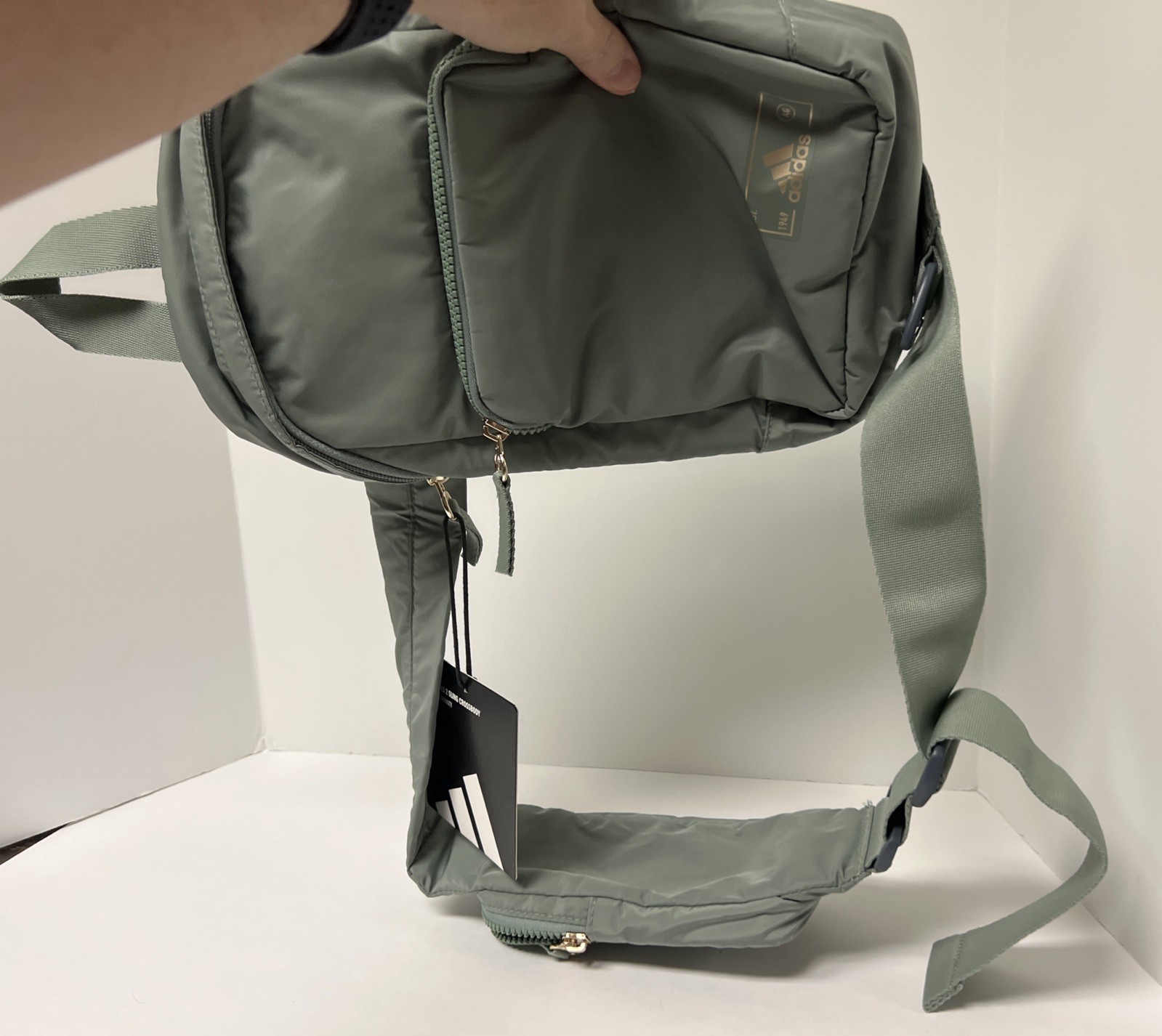 Adidas Essentials 2 Sling Crossbody Silver Green/ Gilver Zippered Pockets W/ Tag