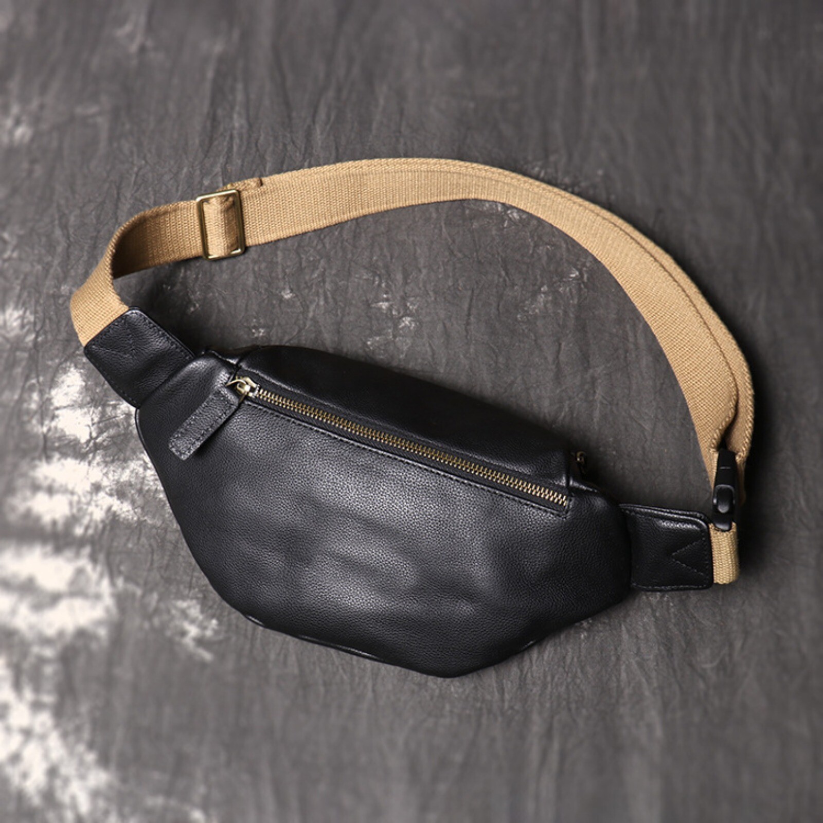 Mens Leather Crossbody Sling Bag Adjustable Strap Fanny Pack with Zippers