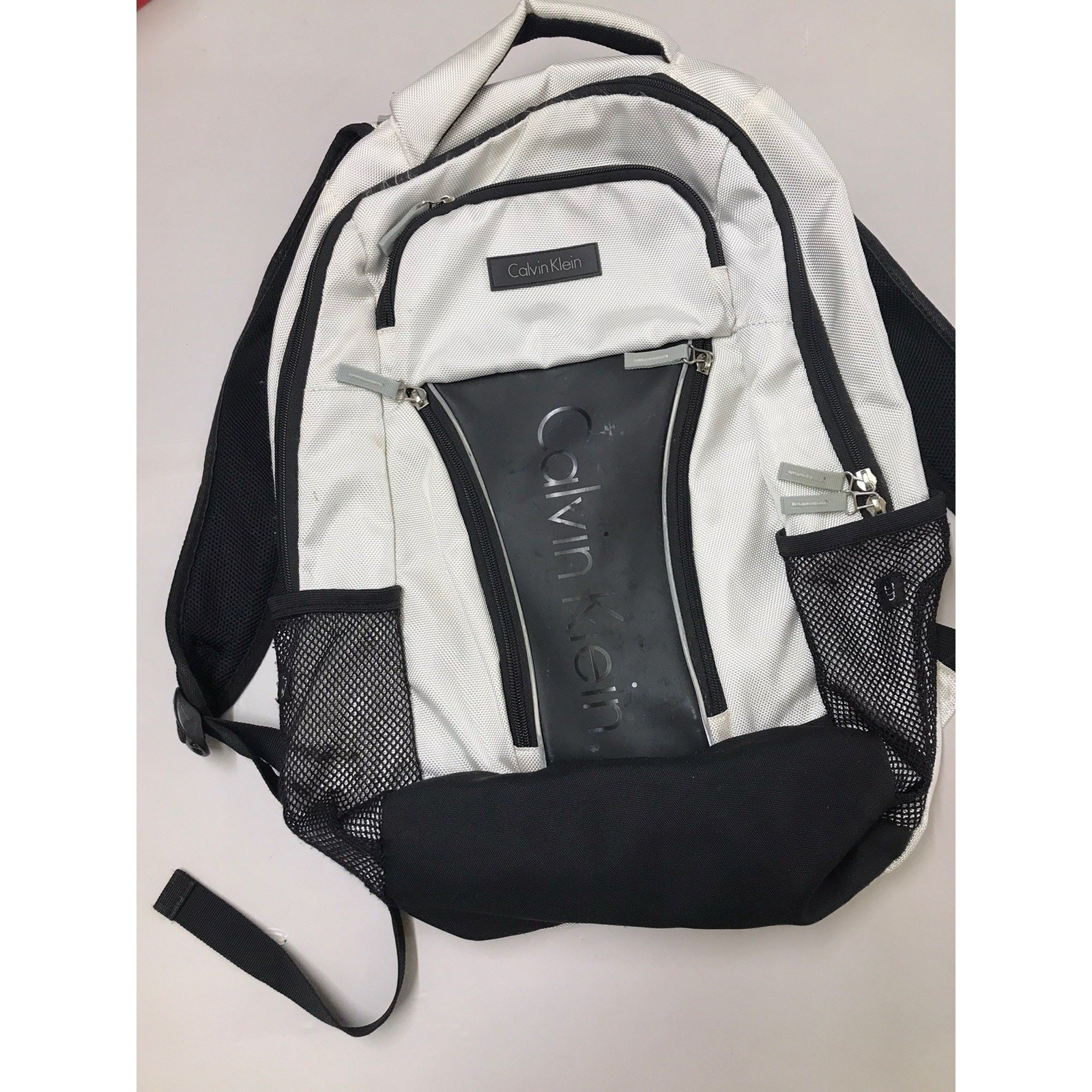 Calvin Klein Backpack Silver Black Laptop Bookbag Multi Pocket School $139.50
