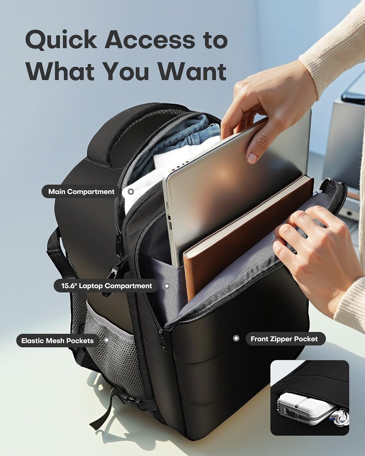 Water-Resistant Medium Black Travel Backpack | 6 Pockets & Adjustable Straps