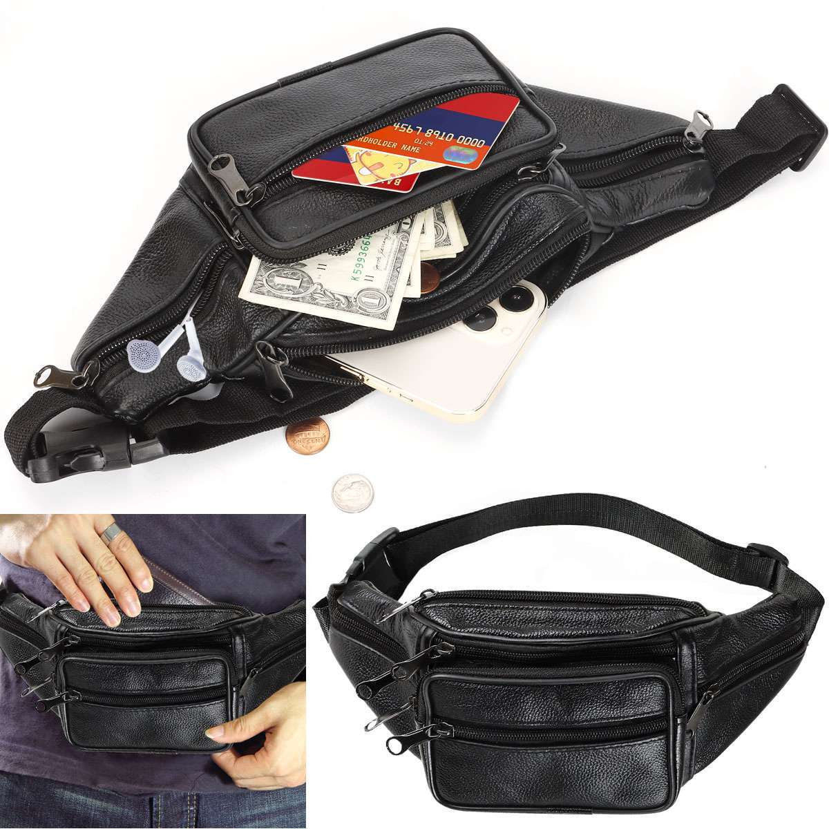 Genuine Leather Fanny Pack Multi Zippered Waist Bag Hip Belt Purse Black Pouch