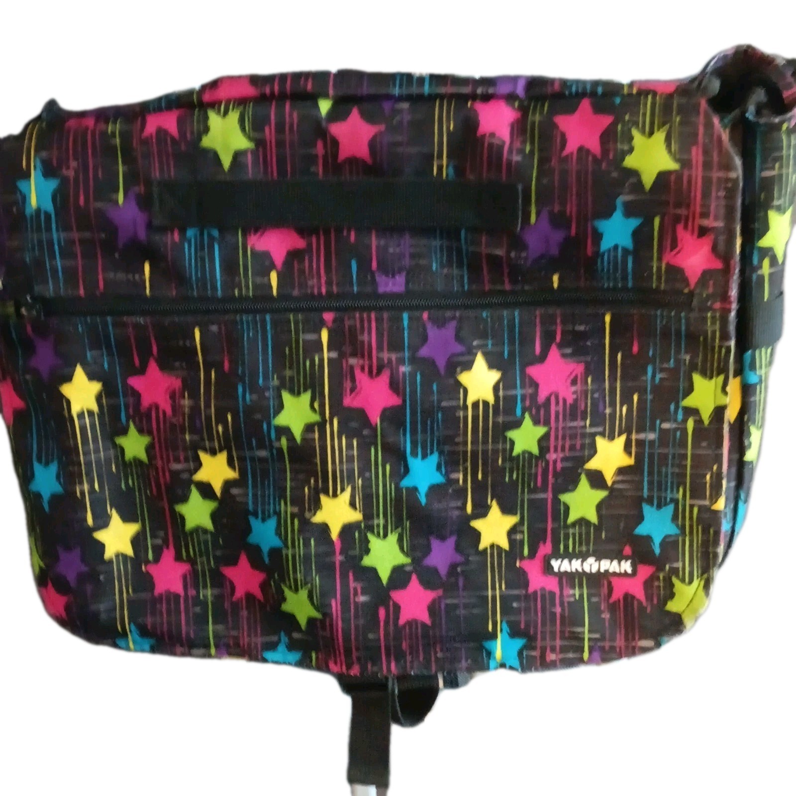 Yak Pak Black Messenger Bag Multicolor Star Print Zip/Buckle Medium Adj Strap