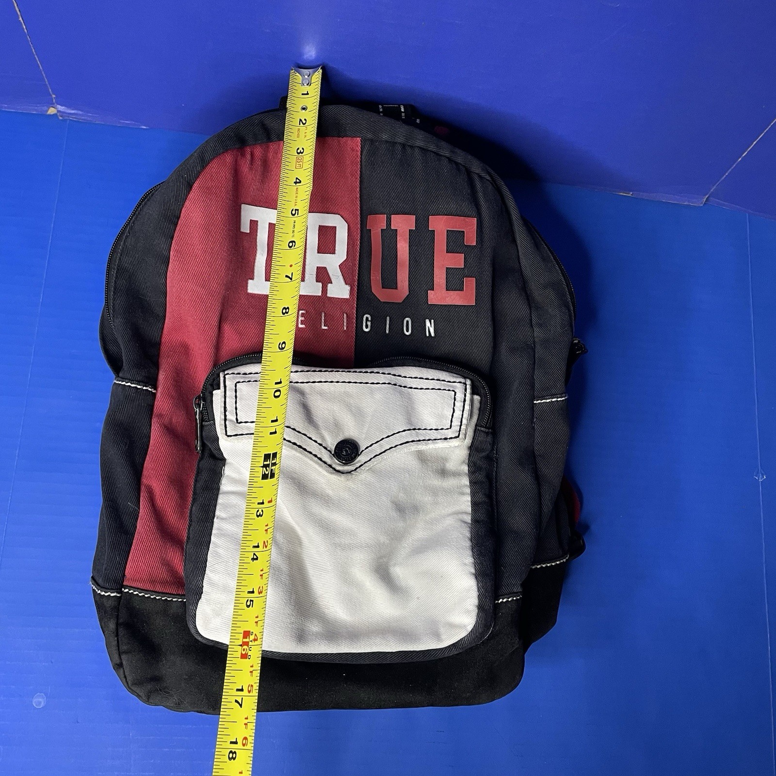 True Religion Black Red White Logo Backpack Book Bag Color Block
